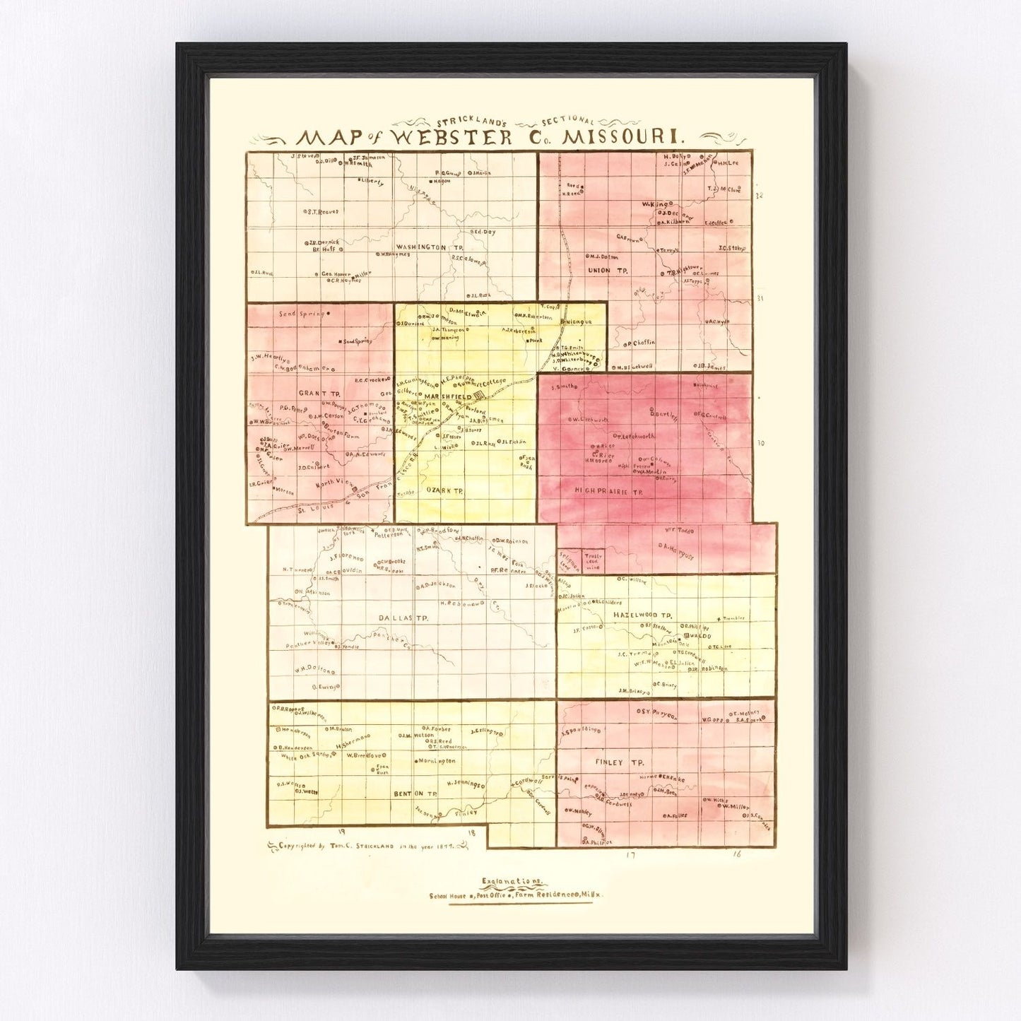 Vintage map of Webster County, Missouri 1877, Marshfield and Seymour area