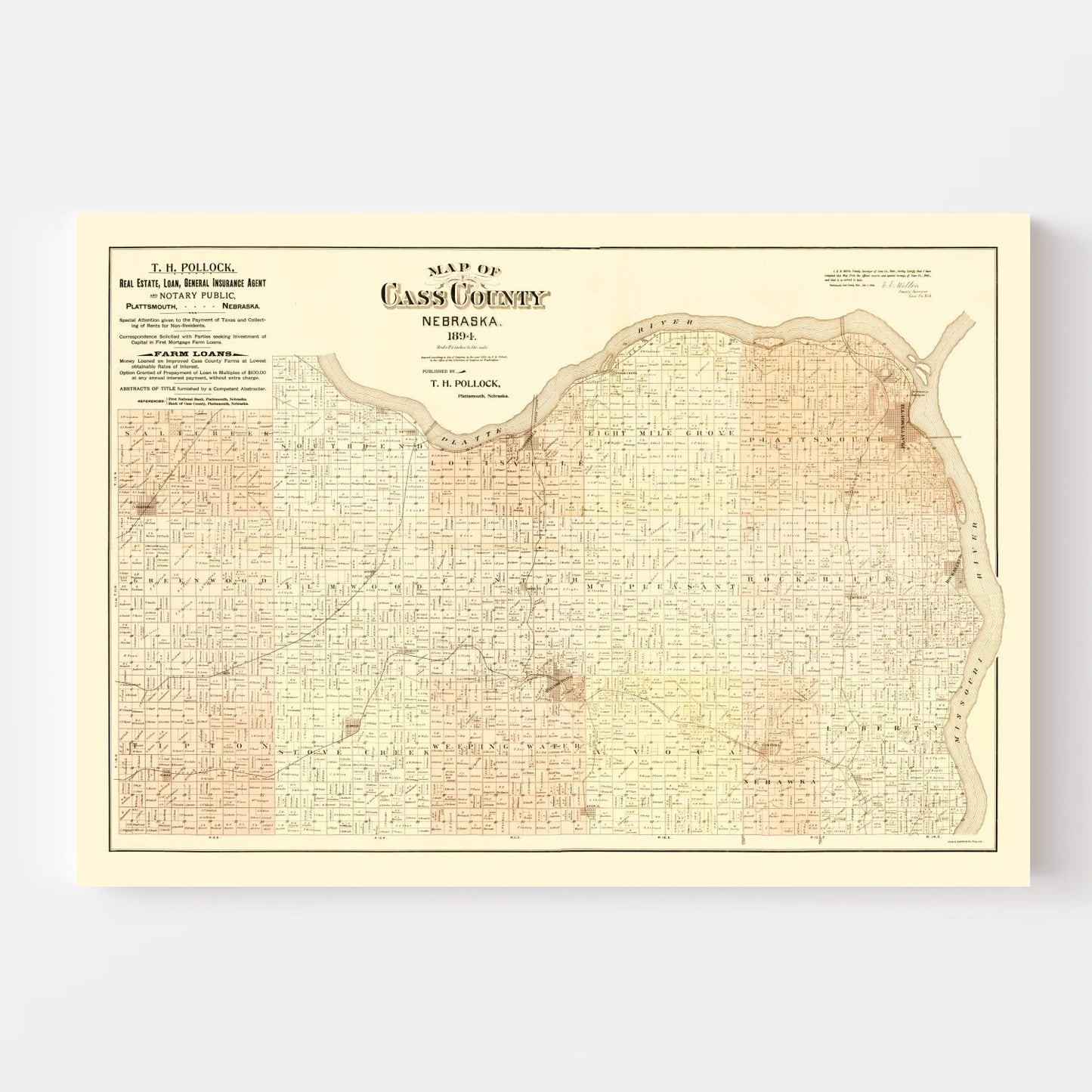 Vintage Map of Cass County, Nebraska, 1894