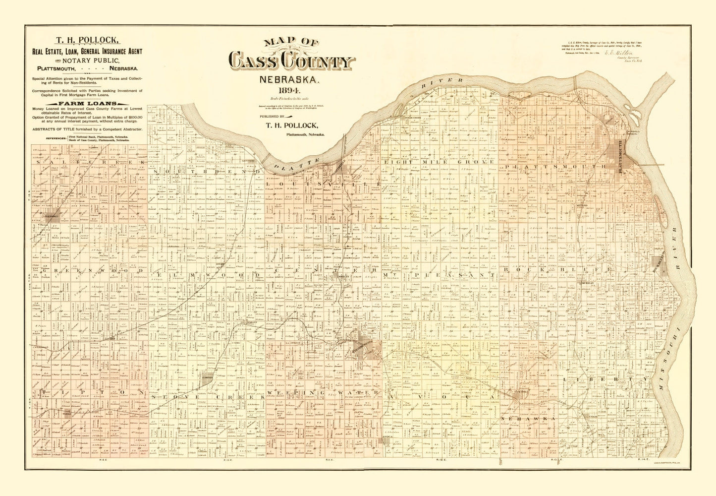 Vintage Map of Cass County, Nebraska, 1894