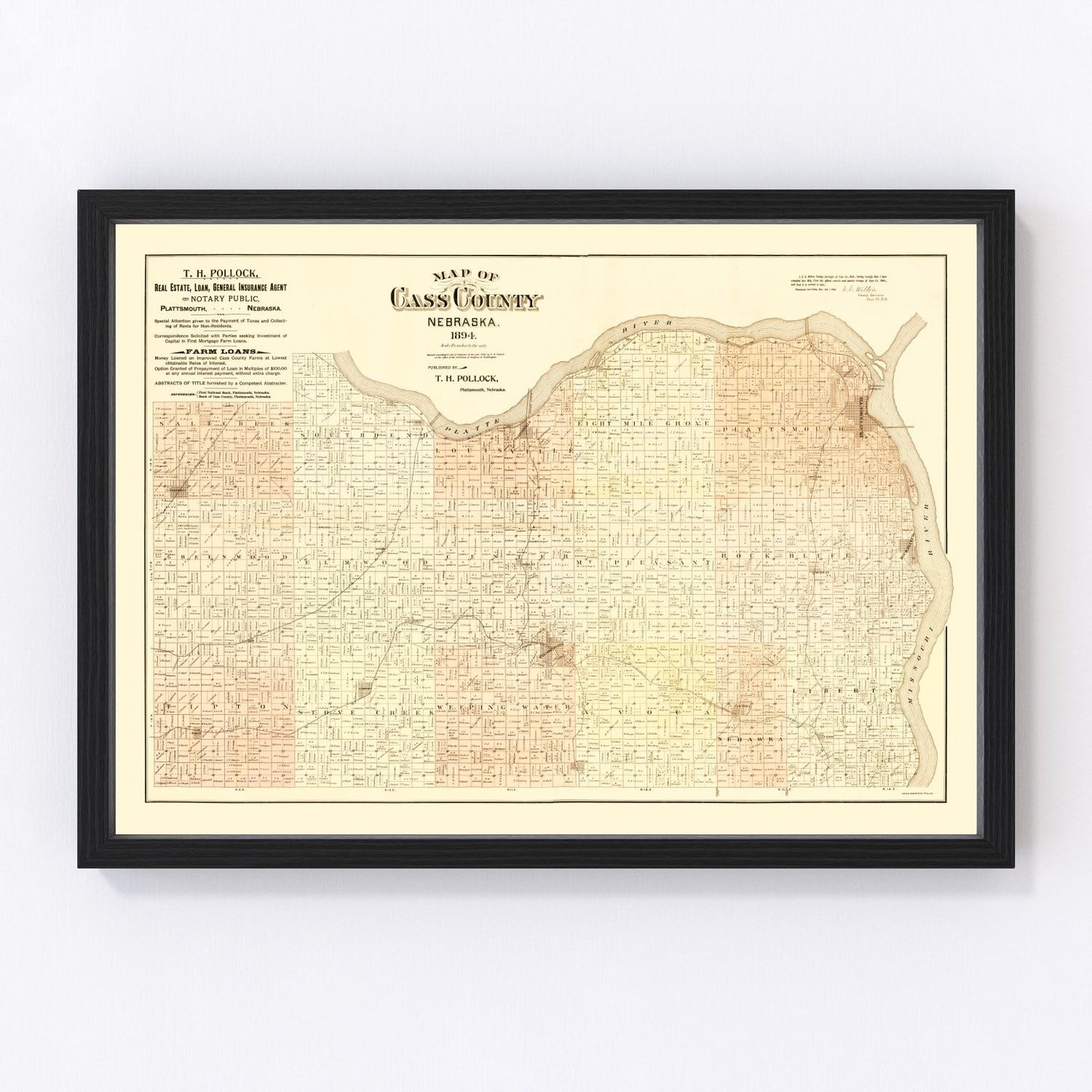 Vintage map of Cass County, Nebraska, 1894, restored vintage wall art print