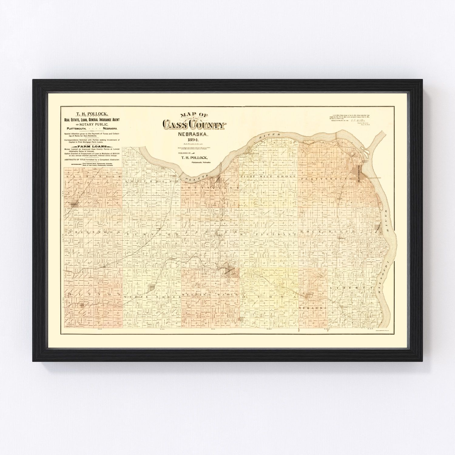 Vintage map of Cass County, Nebraska, 1894, restored vintage wall art print