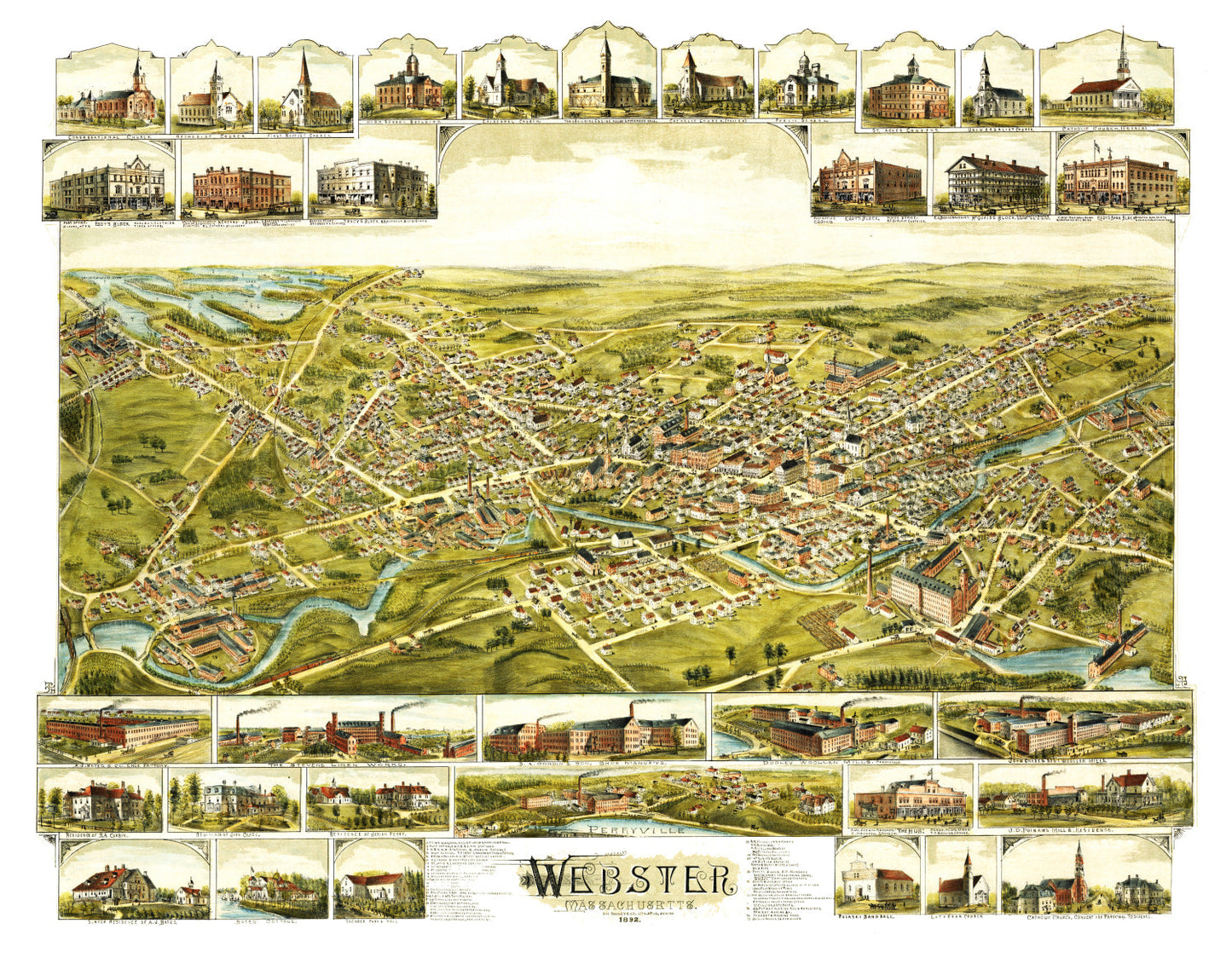 Vintage Map of Webster, Massachusetts 1892 Edition A