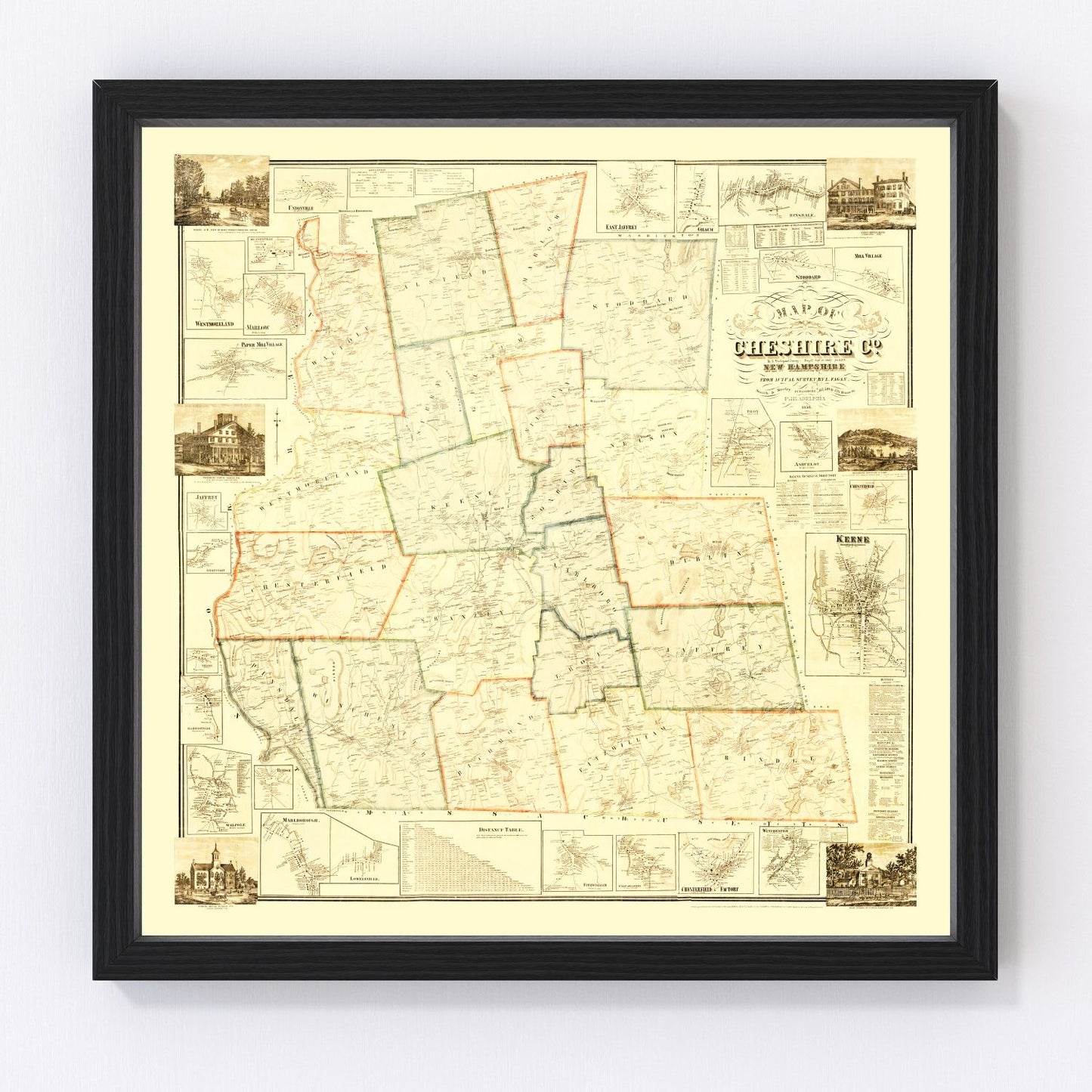 Vintage map of Cheshire County, New Hampshire, 1858, digitally restored print