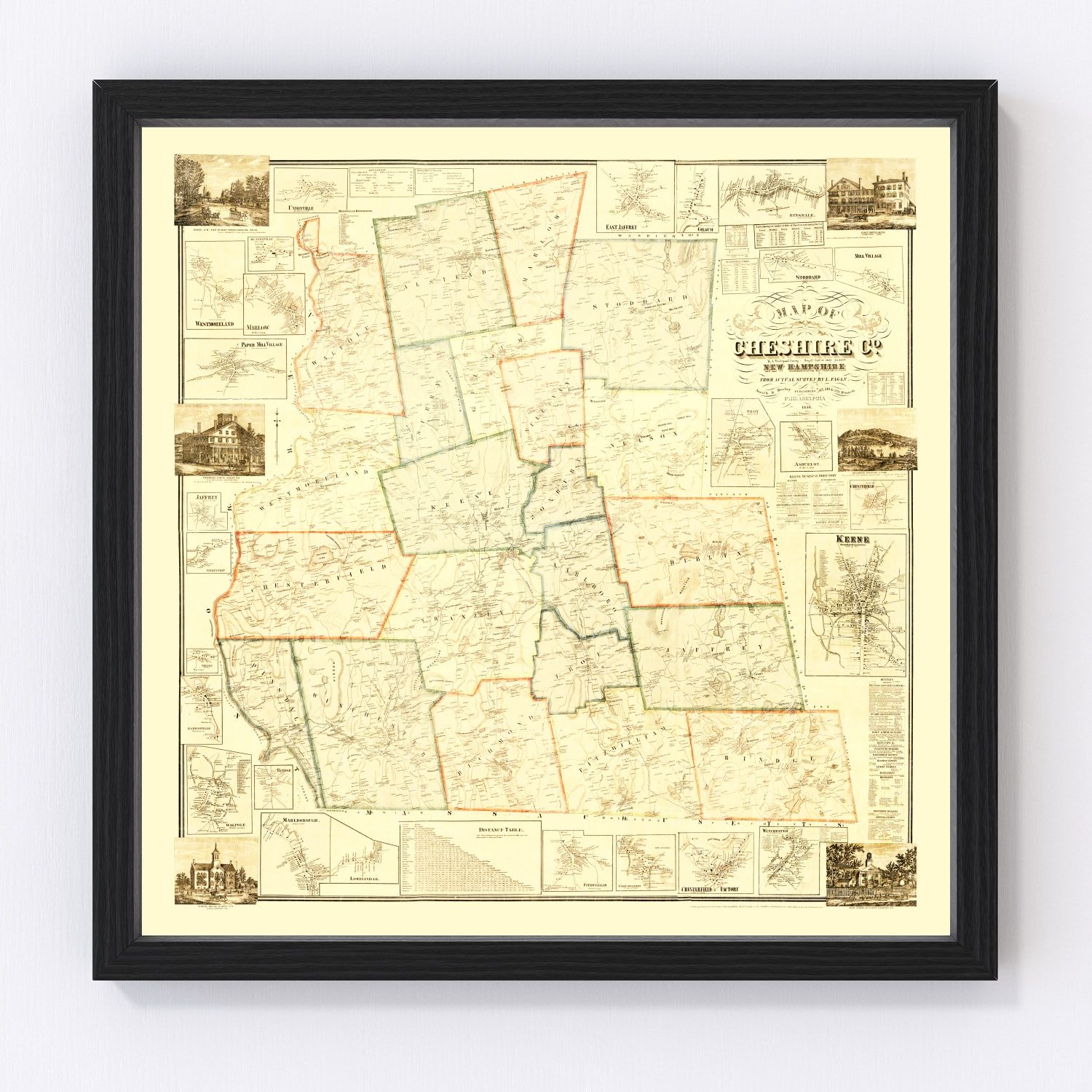 Vintage map of Cheshire County, New Hampshire, 1858, digitally restored print