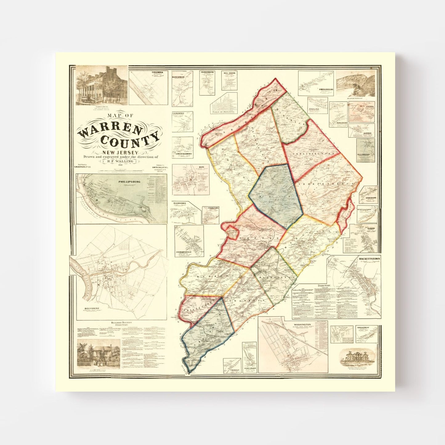 Vintage Map of Warren County, New Jersey, 1860