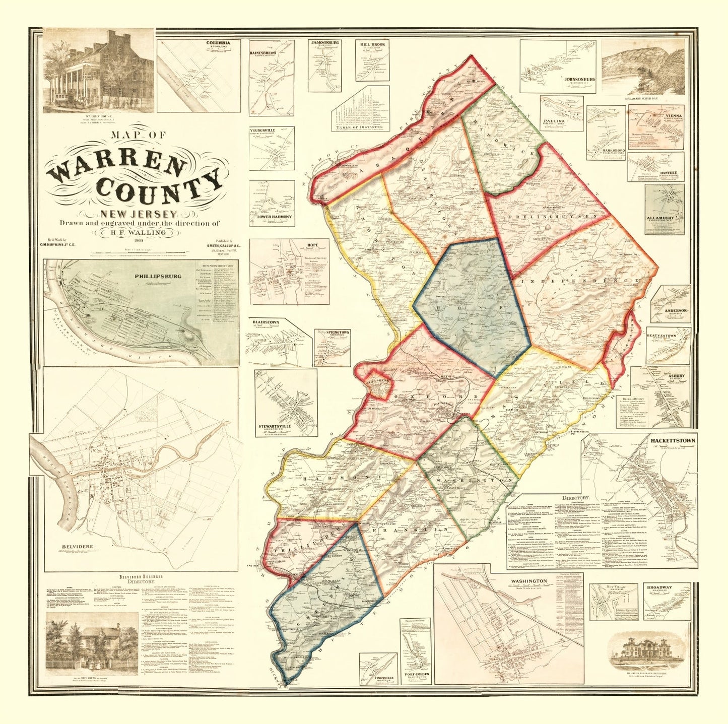 Vintage Map of Warren County, New Jersey, 1860