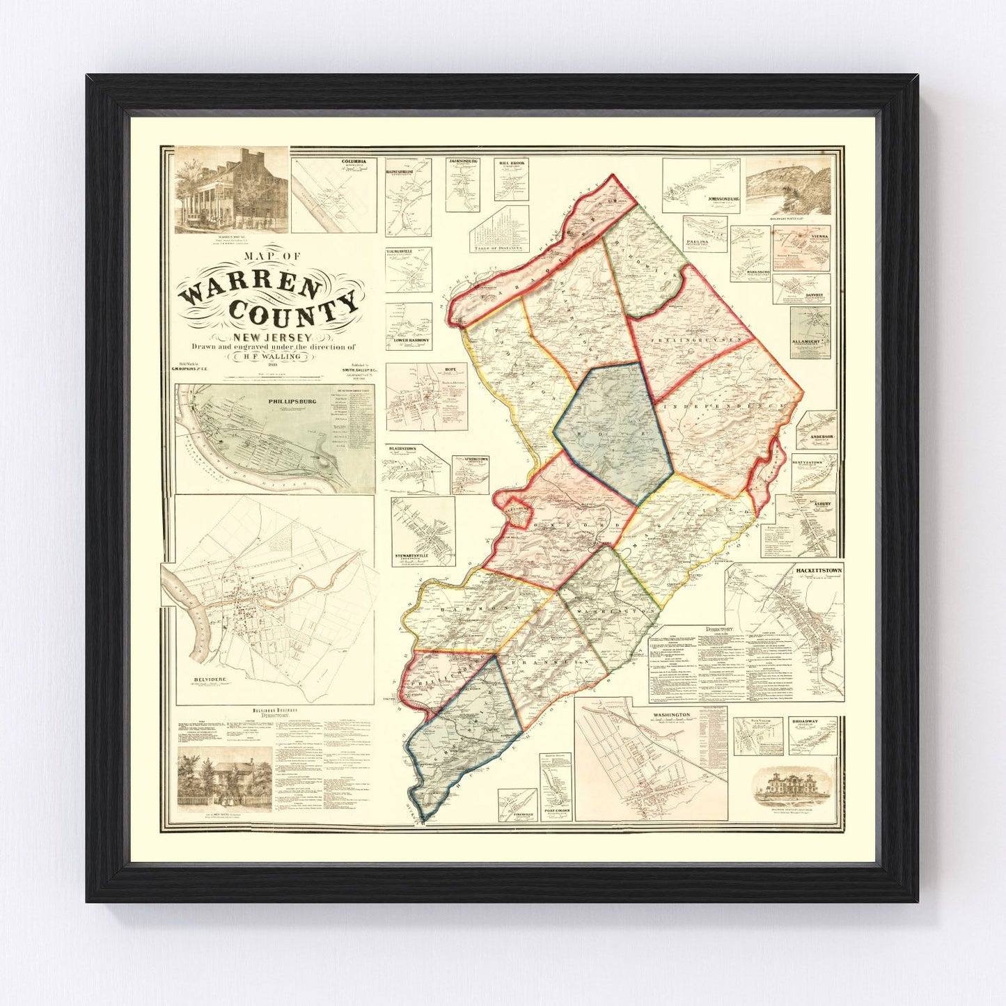 Vintage map of Warren County, New Jersey, 1860, restored print