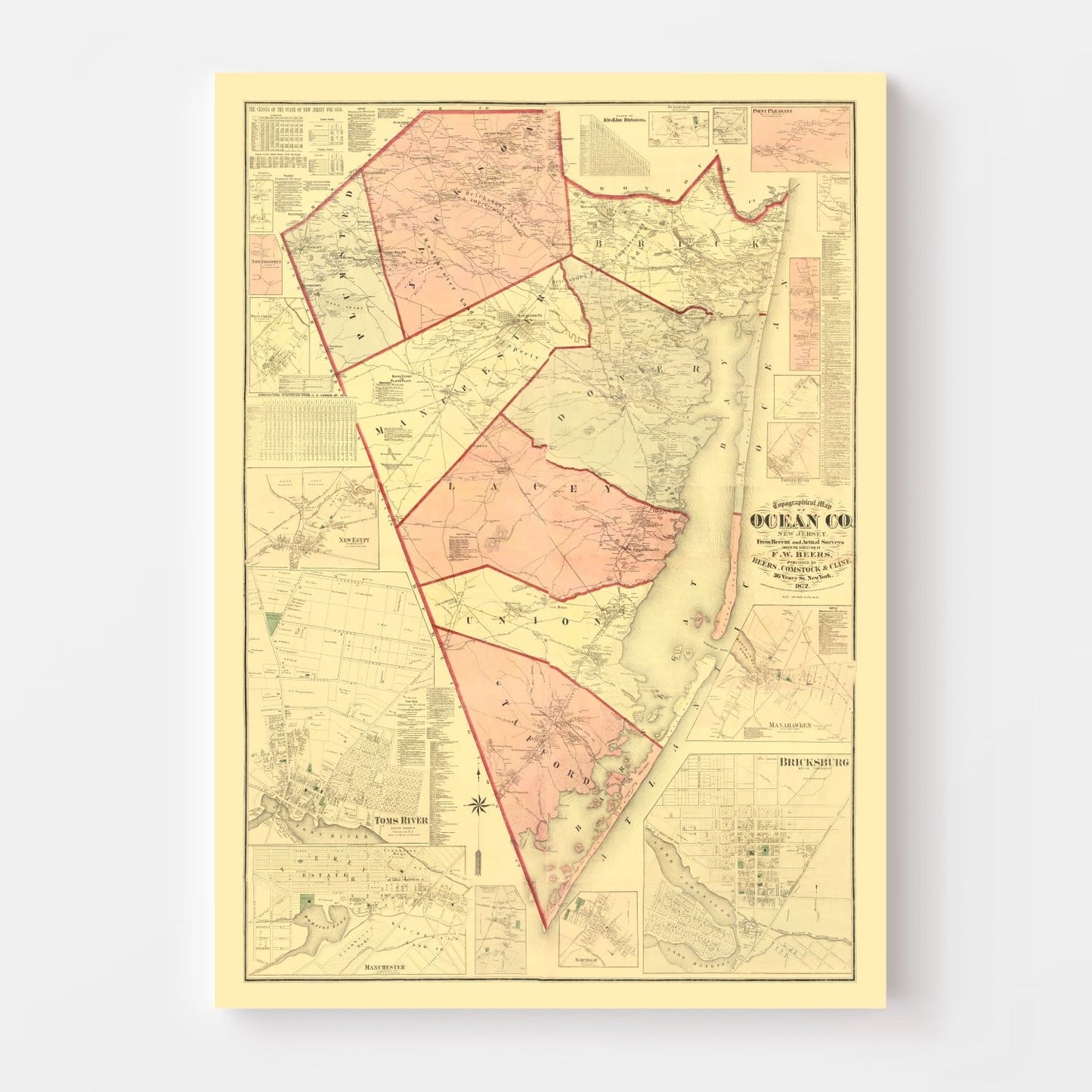 Vintage Map of Ocean County, New Jersey, 1872