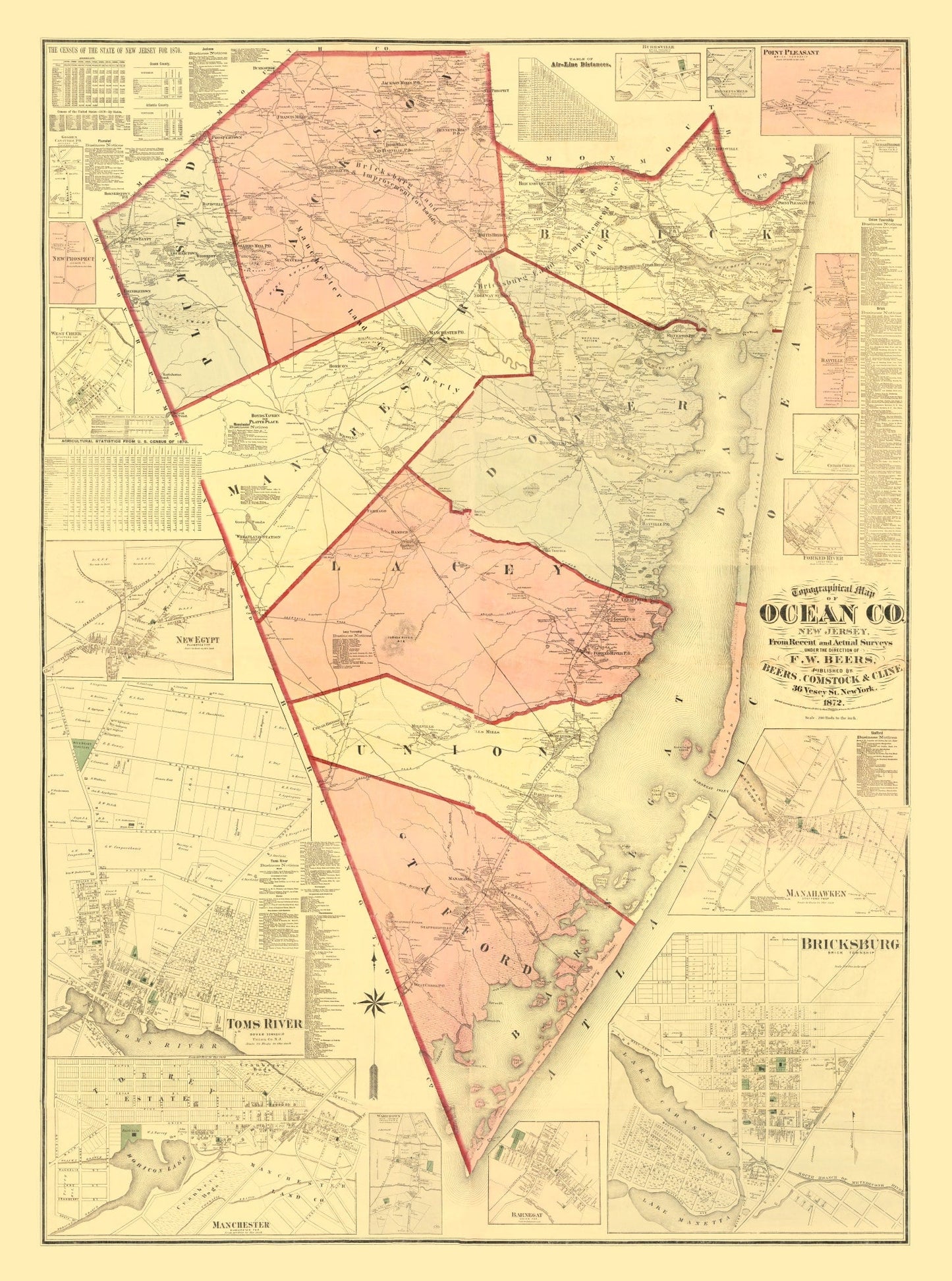 Vintage Map of Ocean County, New Jersey, 1872