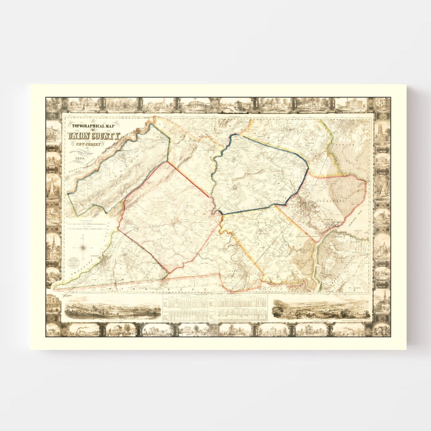 Vintage Map of Union County, New Jersey, 1862