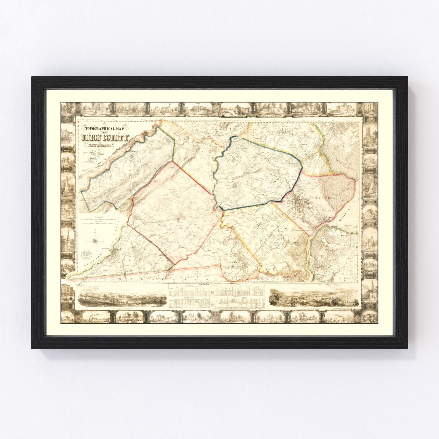 Vintage map of Union County, New Jersey, 1862