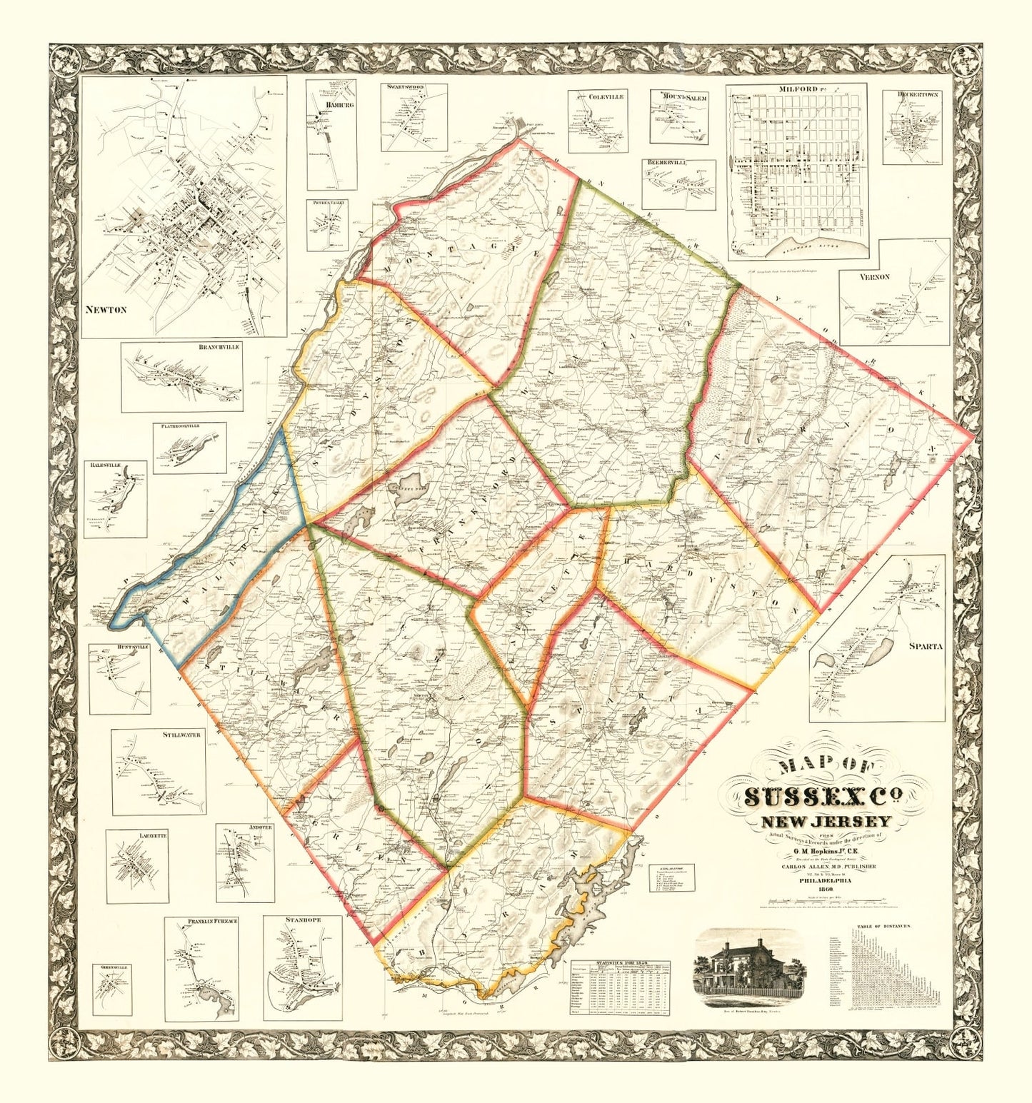 Vintage Map of Sussex County, New Jersey, 1860
