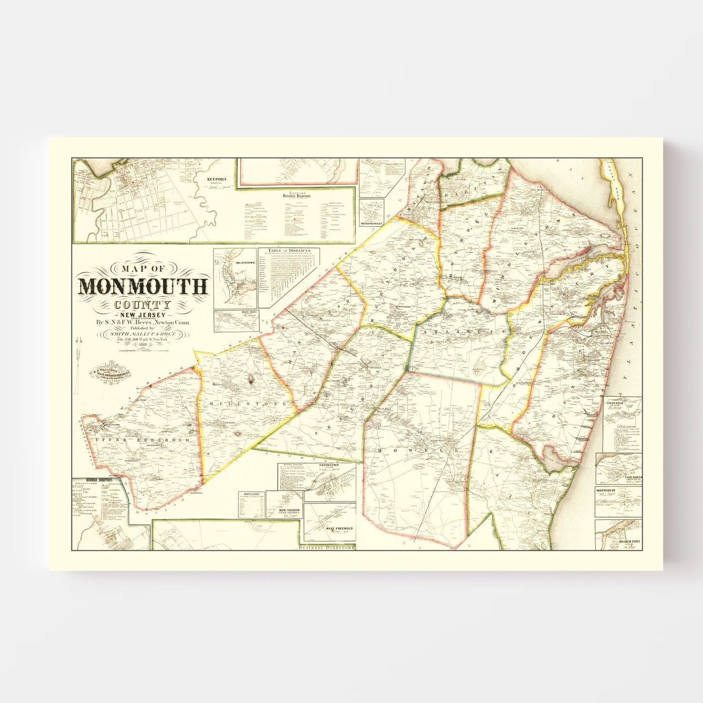 Vintage Map of Monmouth County, New Jersey, 1861