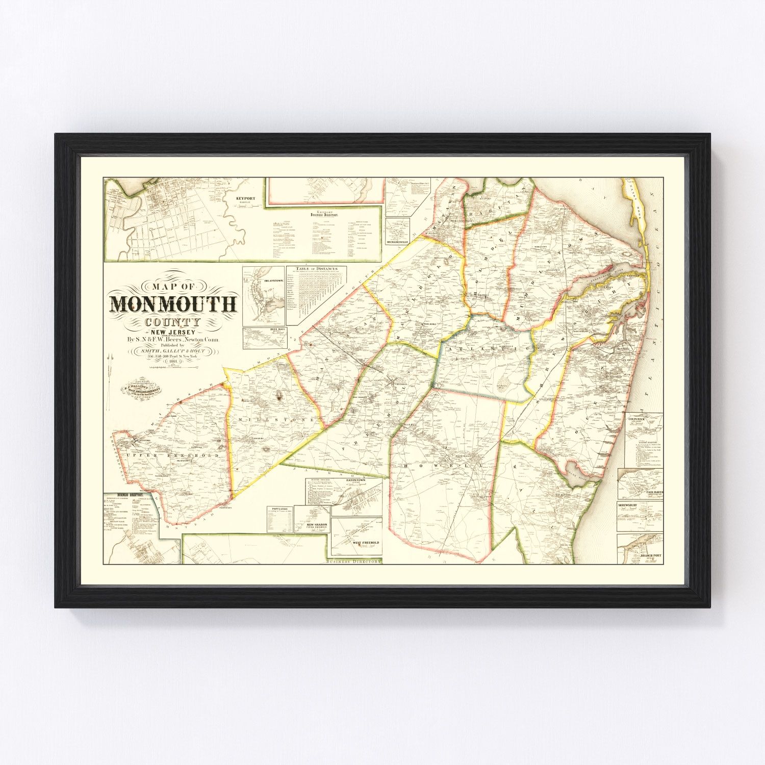 vintage map of Monmouth County, New Jersey, Freehold and Red Bank, 1861