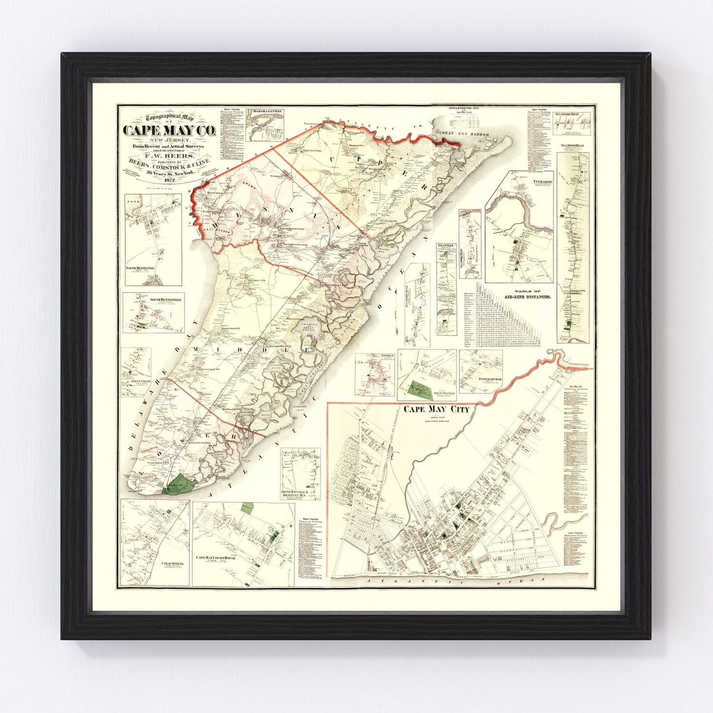 Vintage map of Cape May County, New Jersey, 1872, shore communities