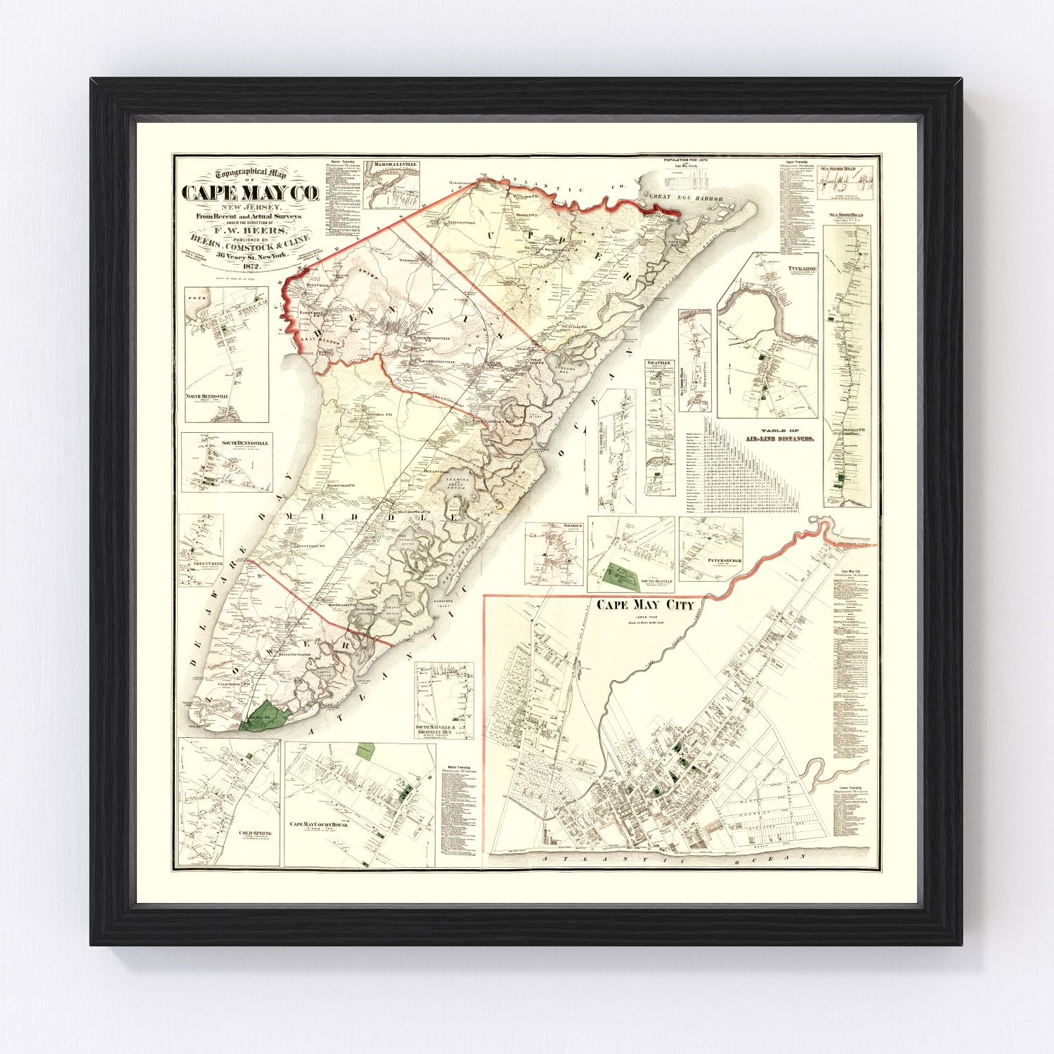 Vintage map of Cape May County, New Jersey, 1872, shore communities