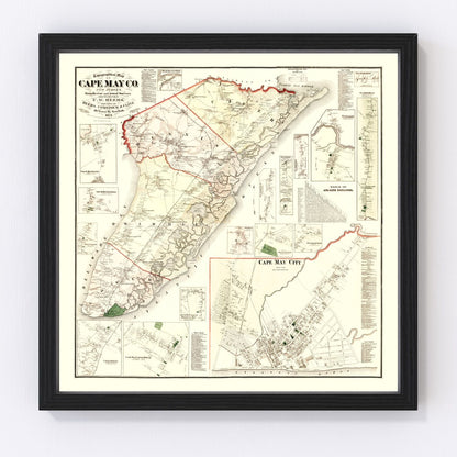 Vintage map of Cape May County, New Jersey, 1872, shore communities