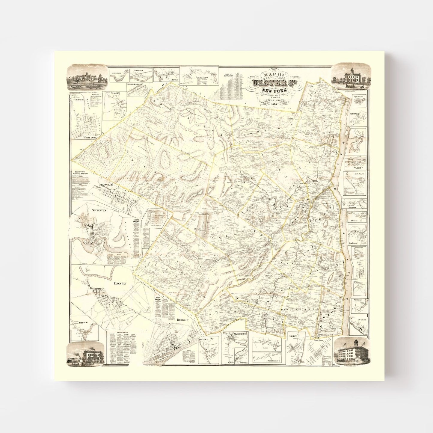 Vintage Map of Ulster County, New York, 1858
