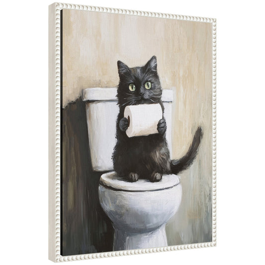 Mischievous black cat bathroom framed canvas wall art