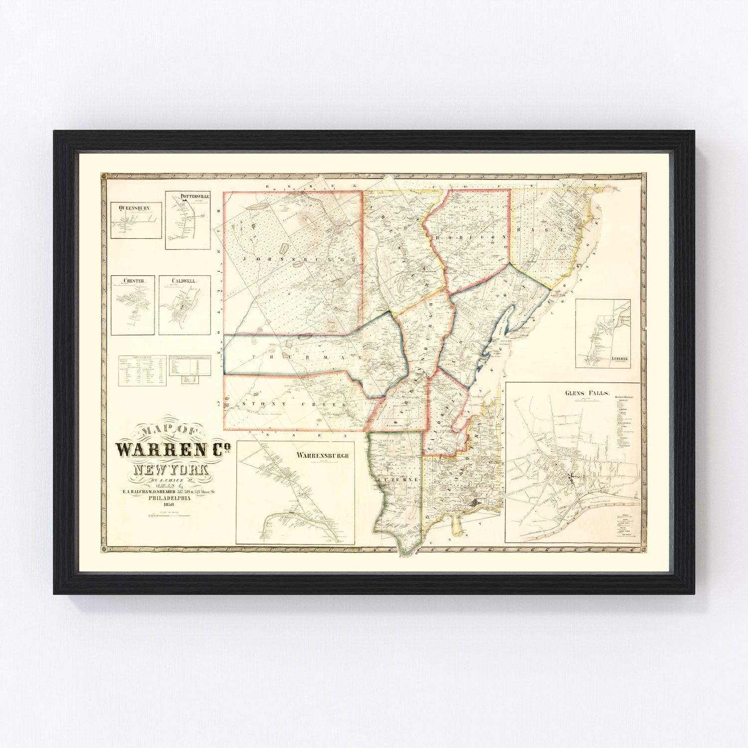 Vintage map of Warren County, New York, 1858, Glens Falls and Lake George