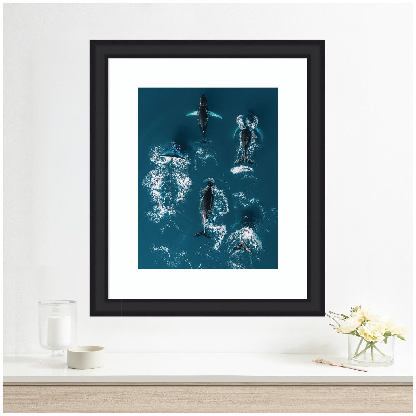 Framed Art School of Humpback Whales in the Blue Ocean by Michael Schauer
