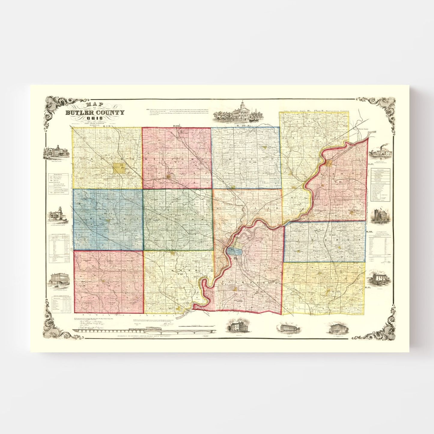 Vintage Map of Butler County, Ohio, 1855 Wall Art