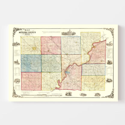 Vintage Map of Butler County, Ohio, 1855 Wall Art