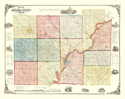 Vintage Map of Butler County, Ohio, 1855 Wall Art