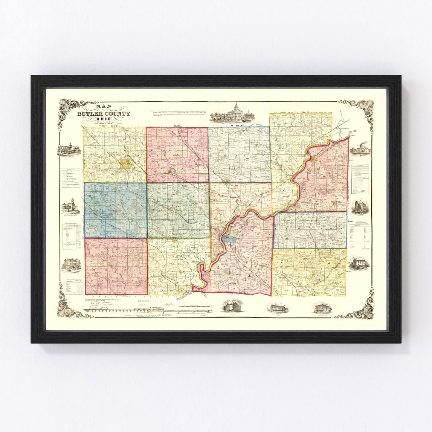 Vintage map of Butler County, Ohio, 1855, digitally restored