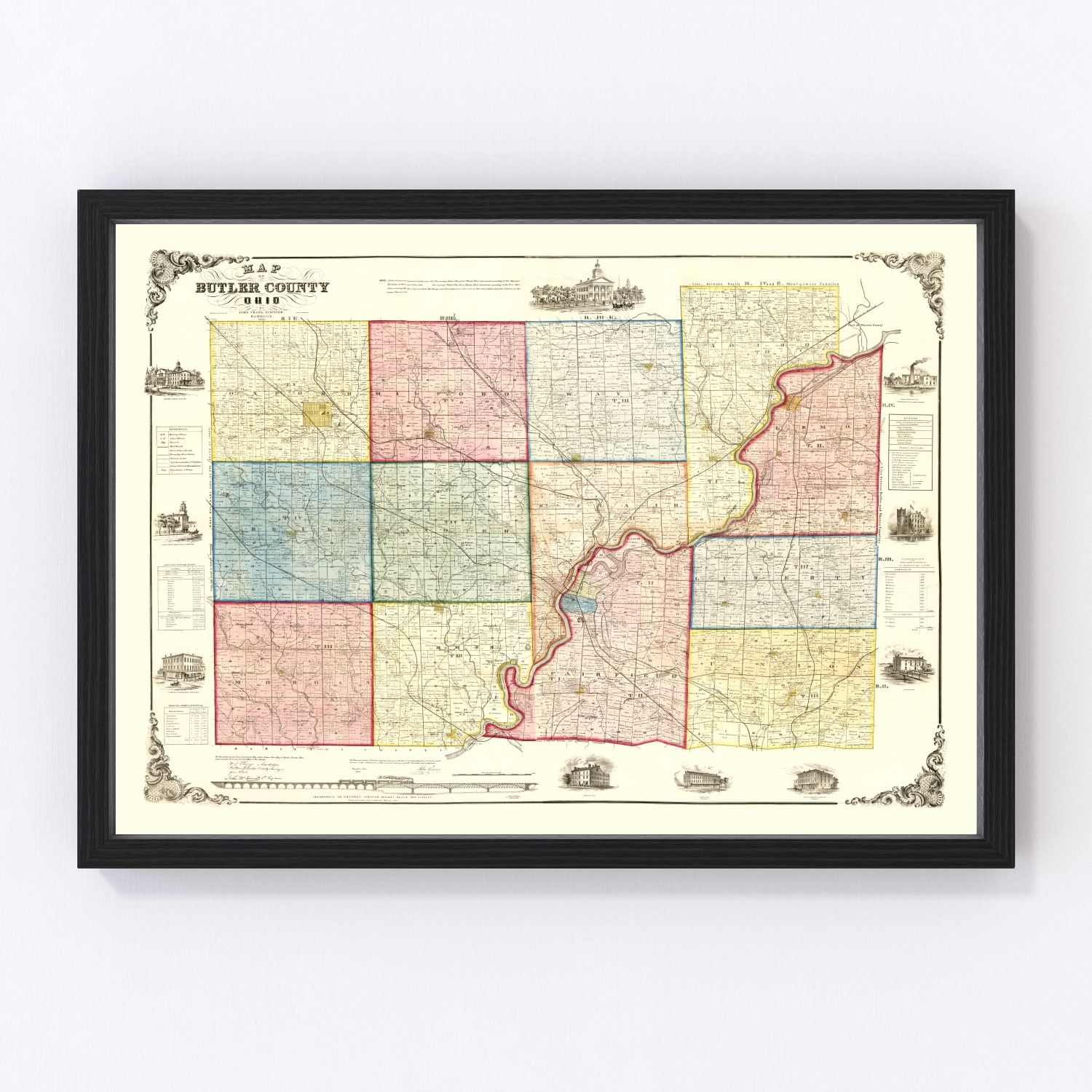 Vintage map of Butler County, Ohio, 1855, digitally restored