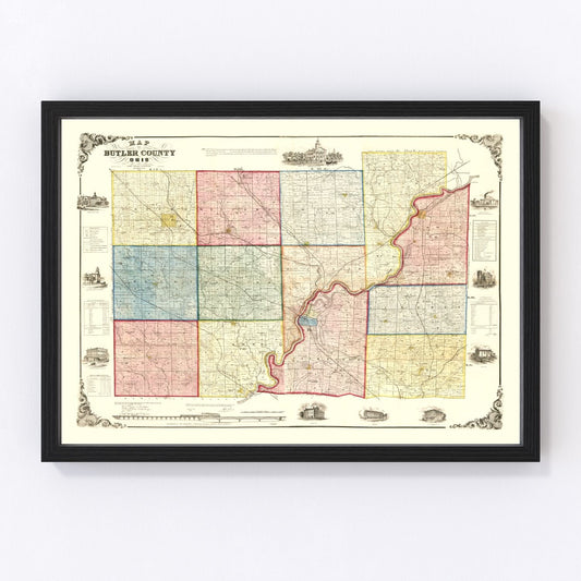 Vintage map of Butler County, Ohio, 1855, digitally restored