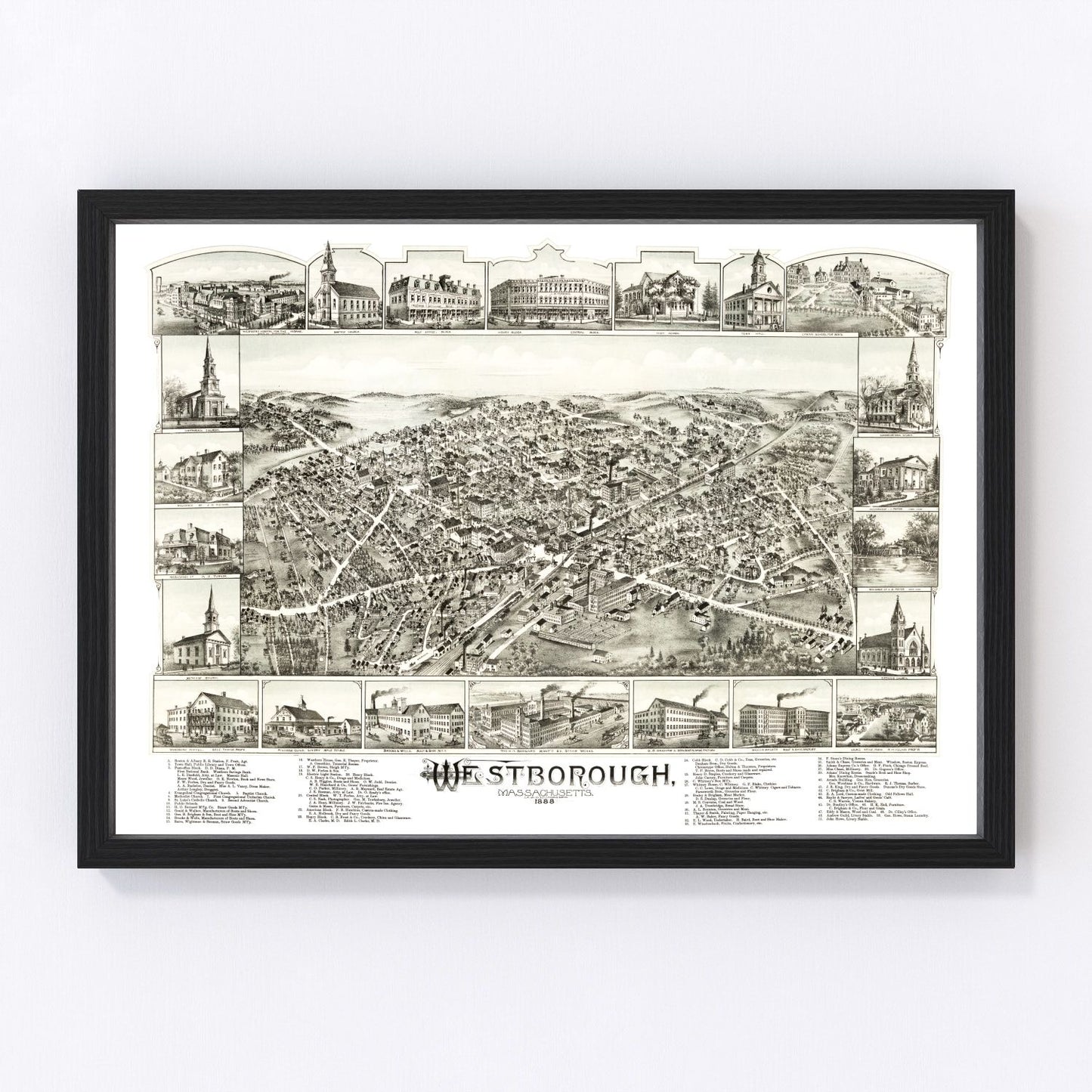 Vintage map of Westborough, Massachusetts, 1888 - Worcester County restored print