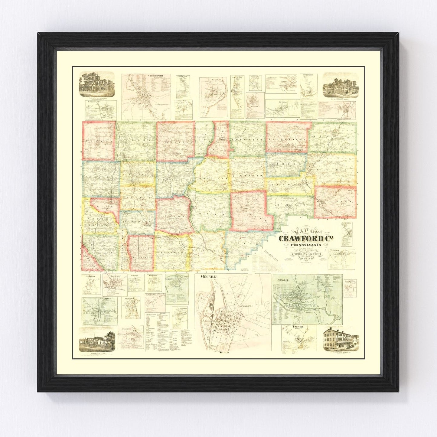 Vintage map of Crawford County, Pennsylvania, 1865