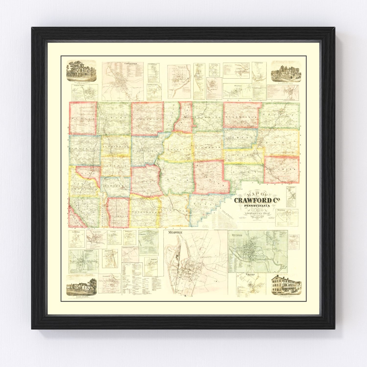 Vintage map of Crawford County, Pennsylvania, 1865
