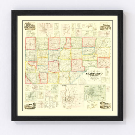 Vintage map of Crawford County, Pennsylvania, 1865