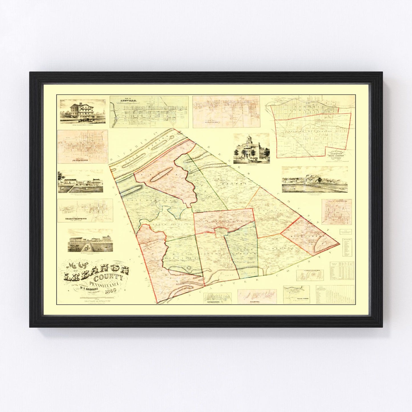Vintage map of Lebanon County, Pennsylvania, 1860