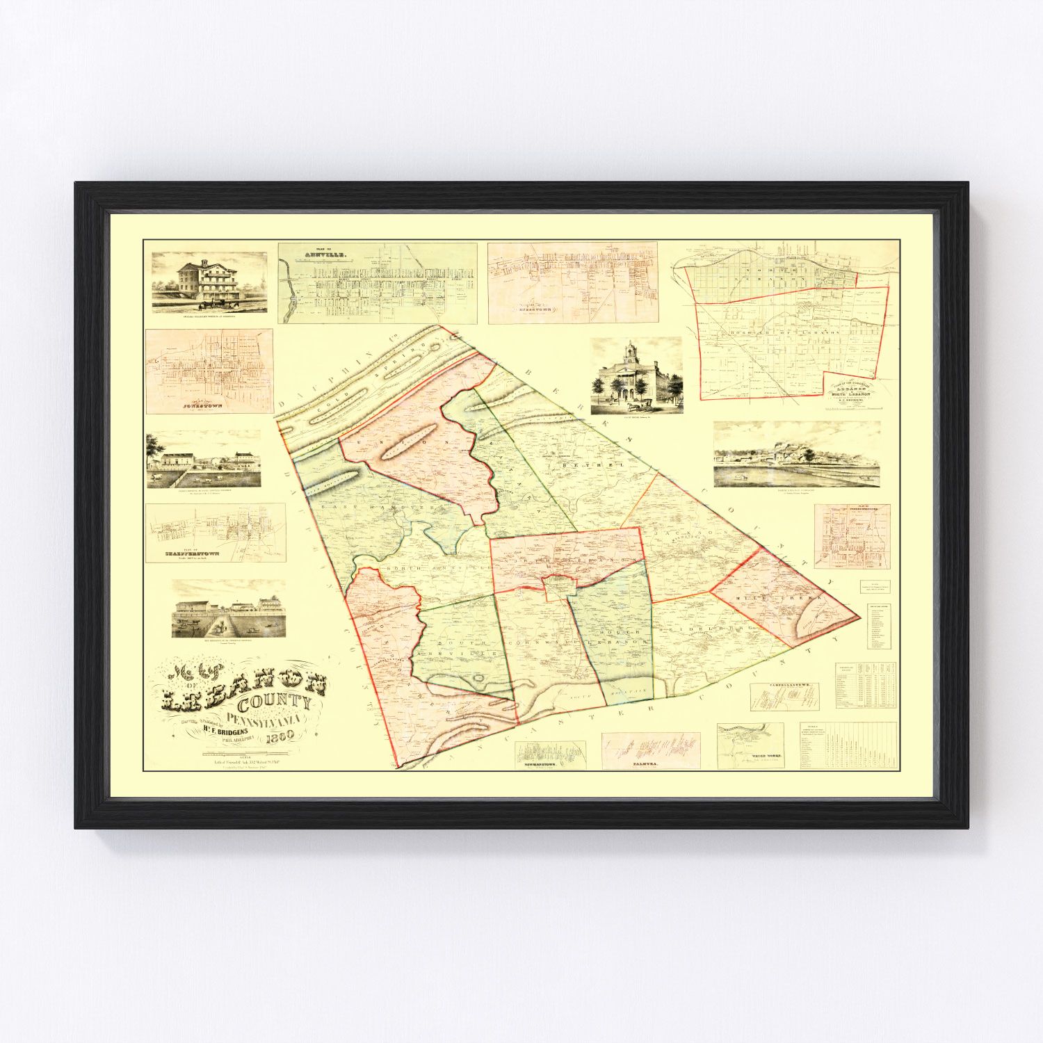 Vintage map of Lebanon County, Pennsylvania, 1860
