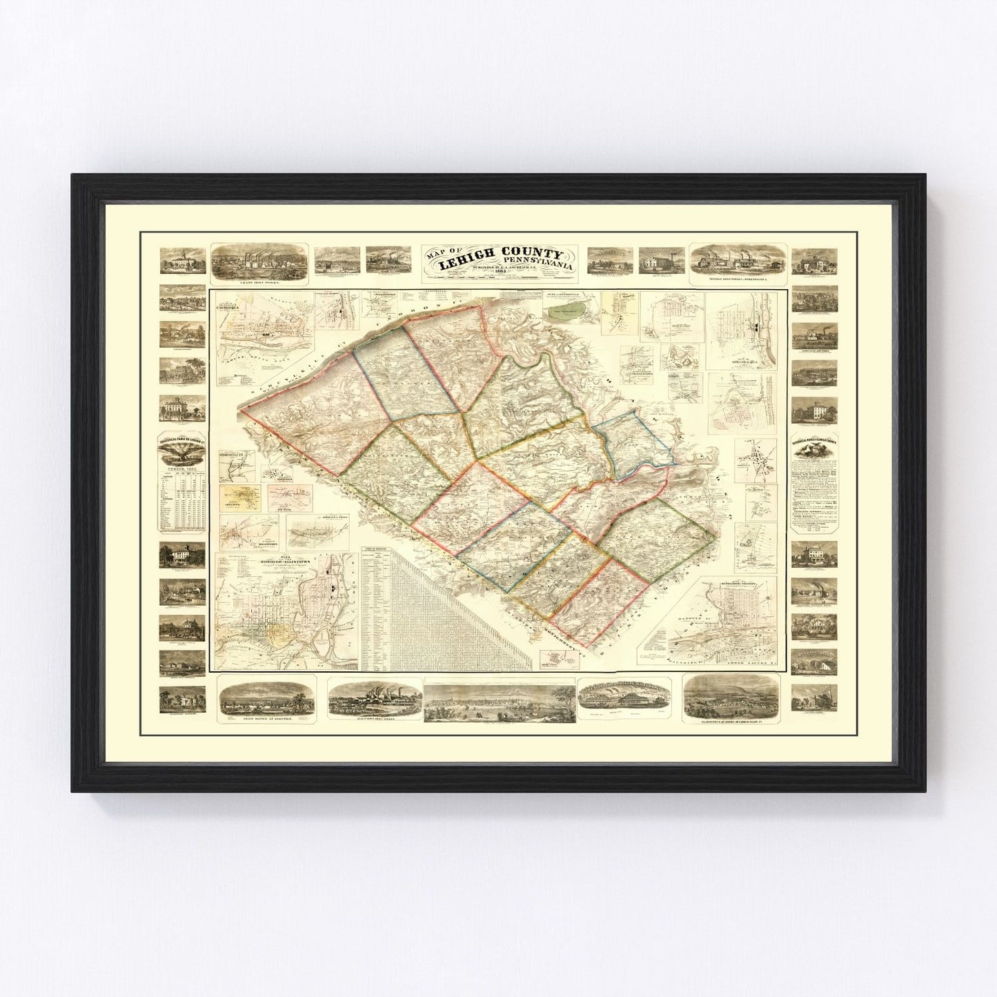 Vintage map of Lehigh County, Pennsylvania, 1865