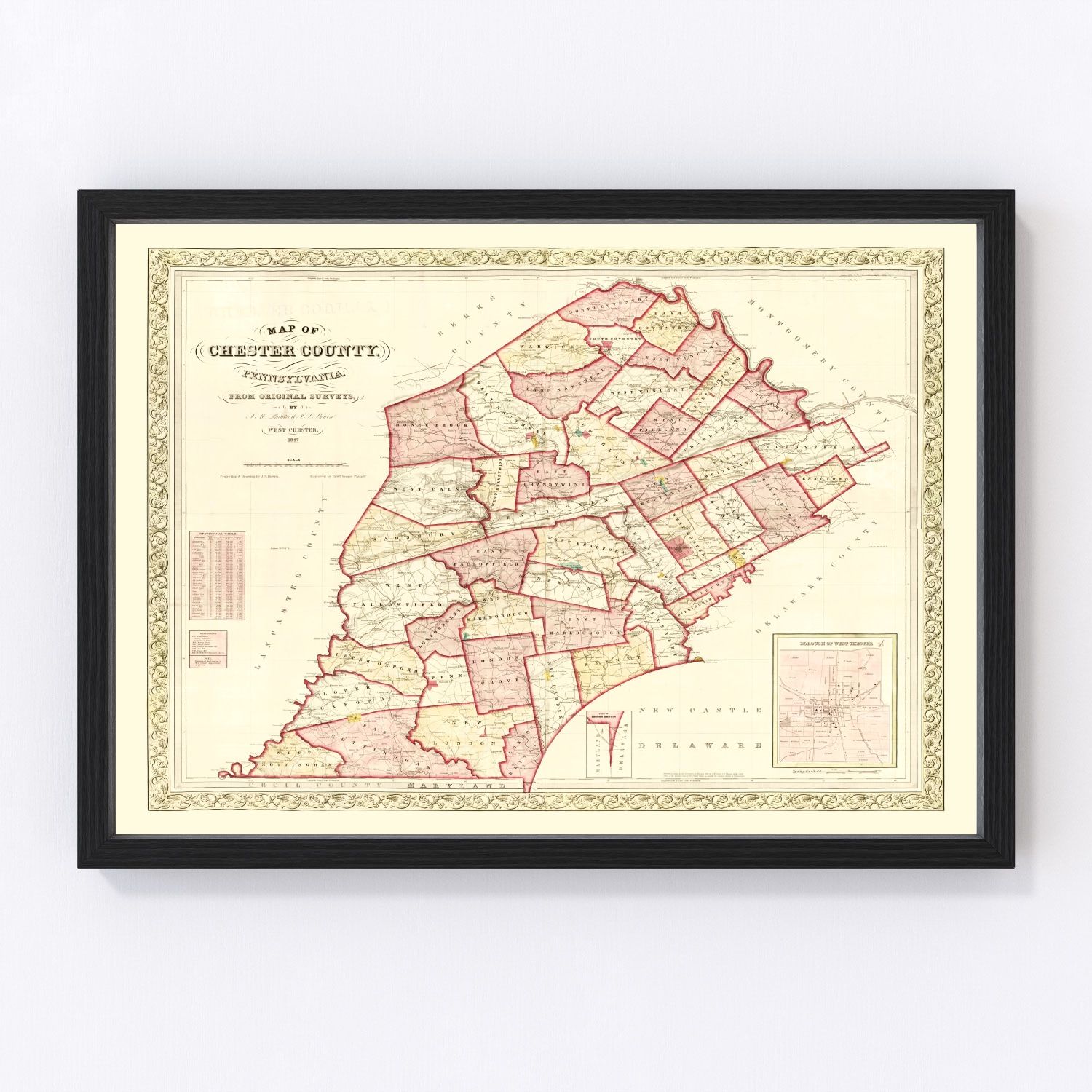 Vintage restored map of Chester County, Pennsylvania, 1847, antebellum detail