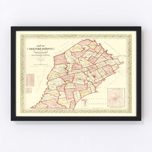 Vintage restored map of Chester County, Pennsylvania, 1847, antebellum detail