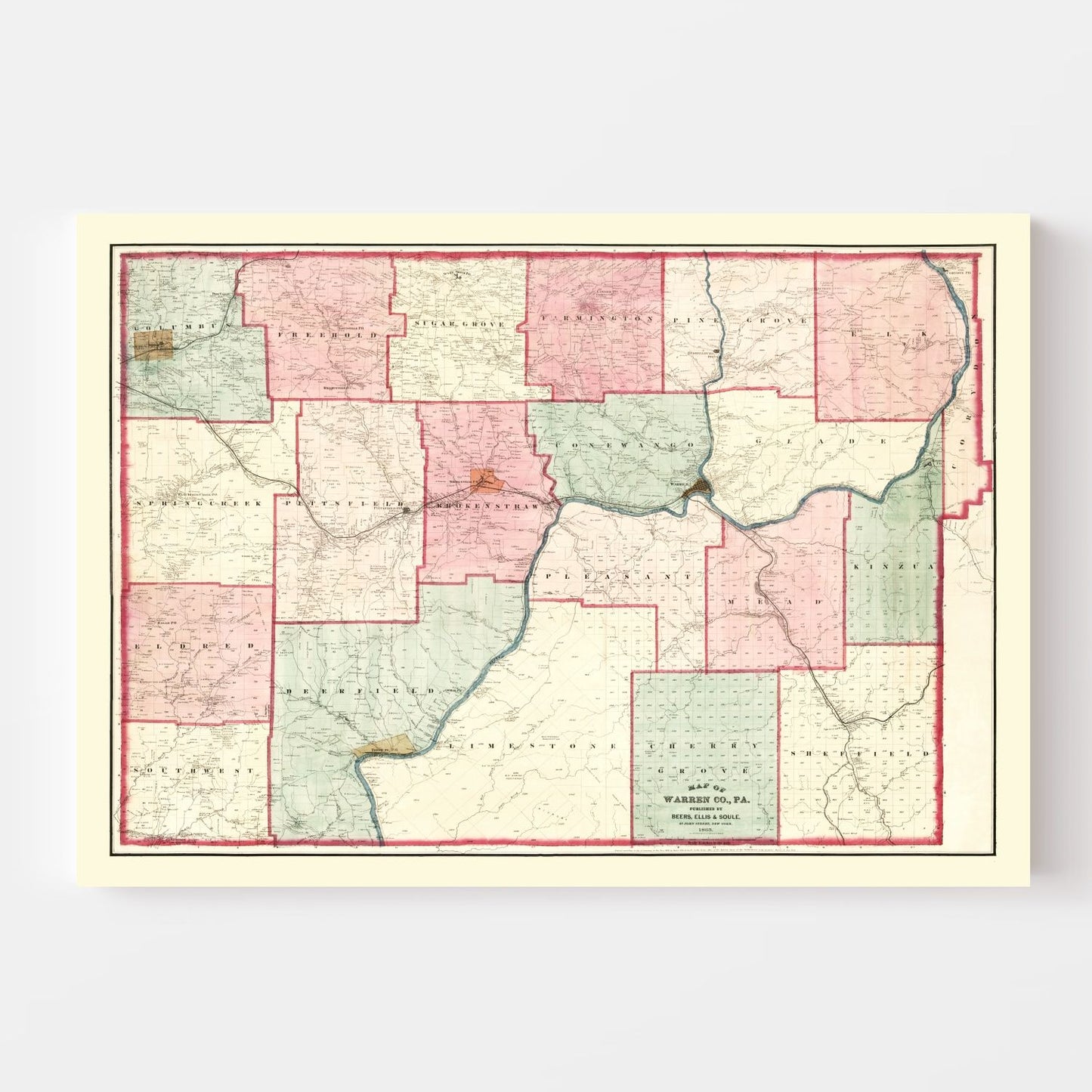 Vintage Map of Warren County, Pennsylvania, 1865 Print