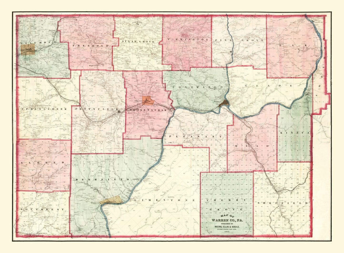Vintage Map of Warren County, Pennsylvania, 1865 Print