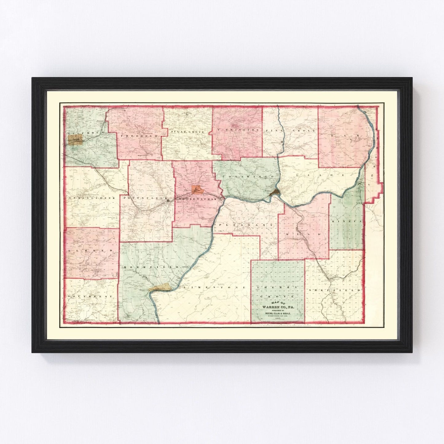 Vintage map of Warren County, Pennsylvania, 1865, restored print