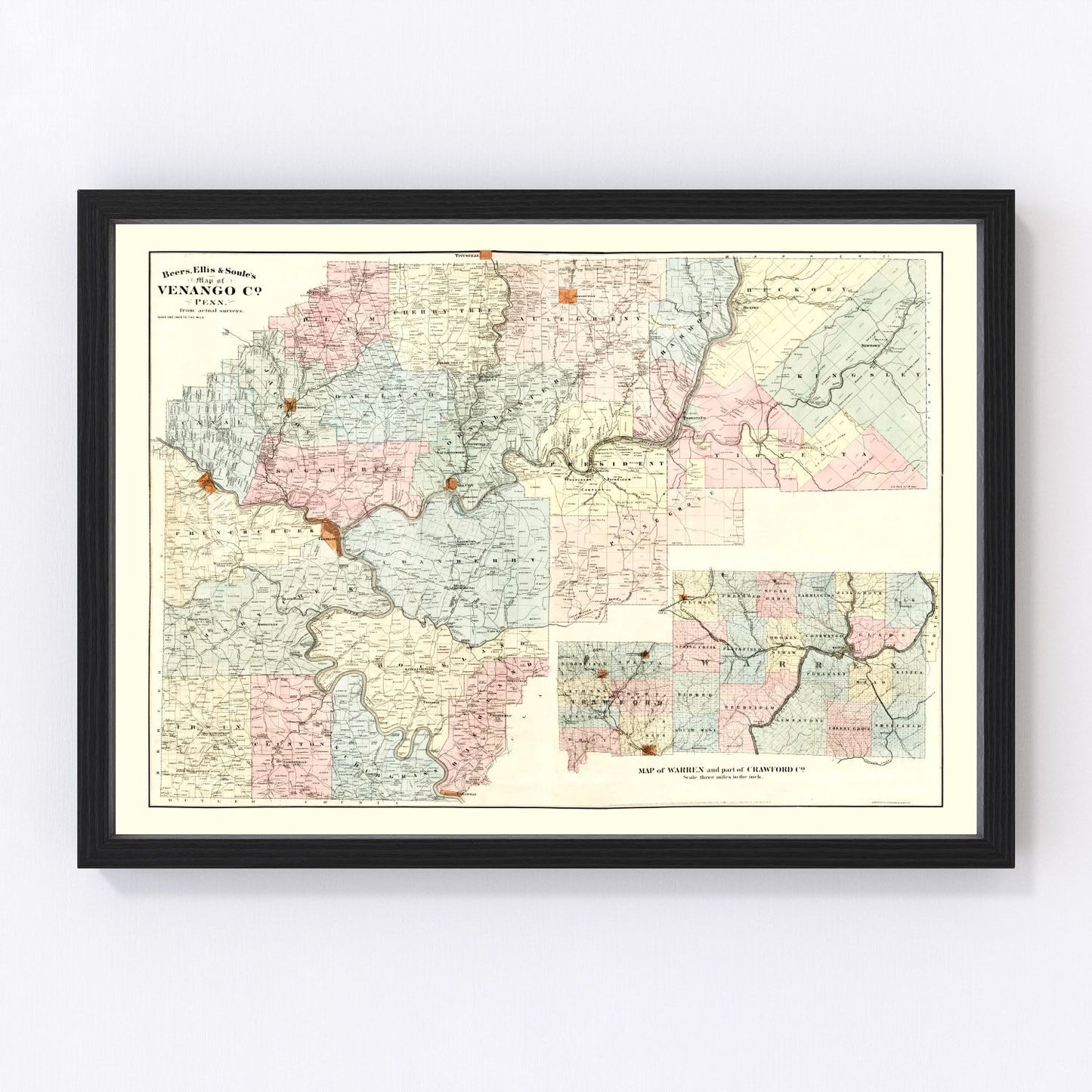 Vintage map of Venango County, Pennsylvania, 1865