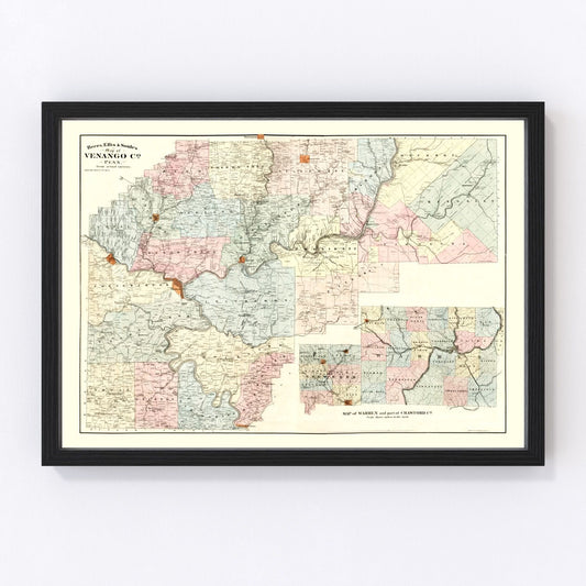 Vintage map of Venango County, Pennsylvania, 1865