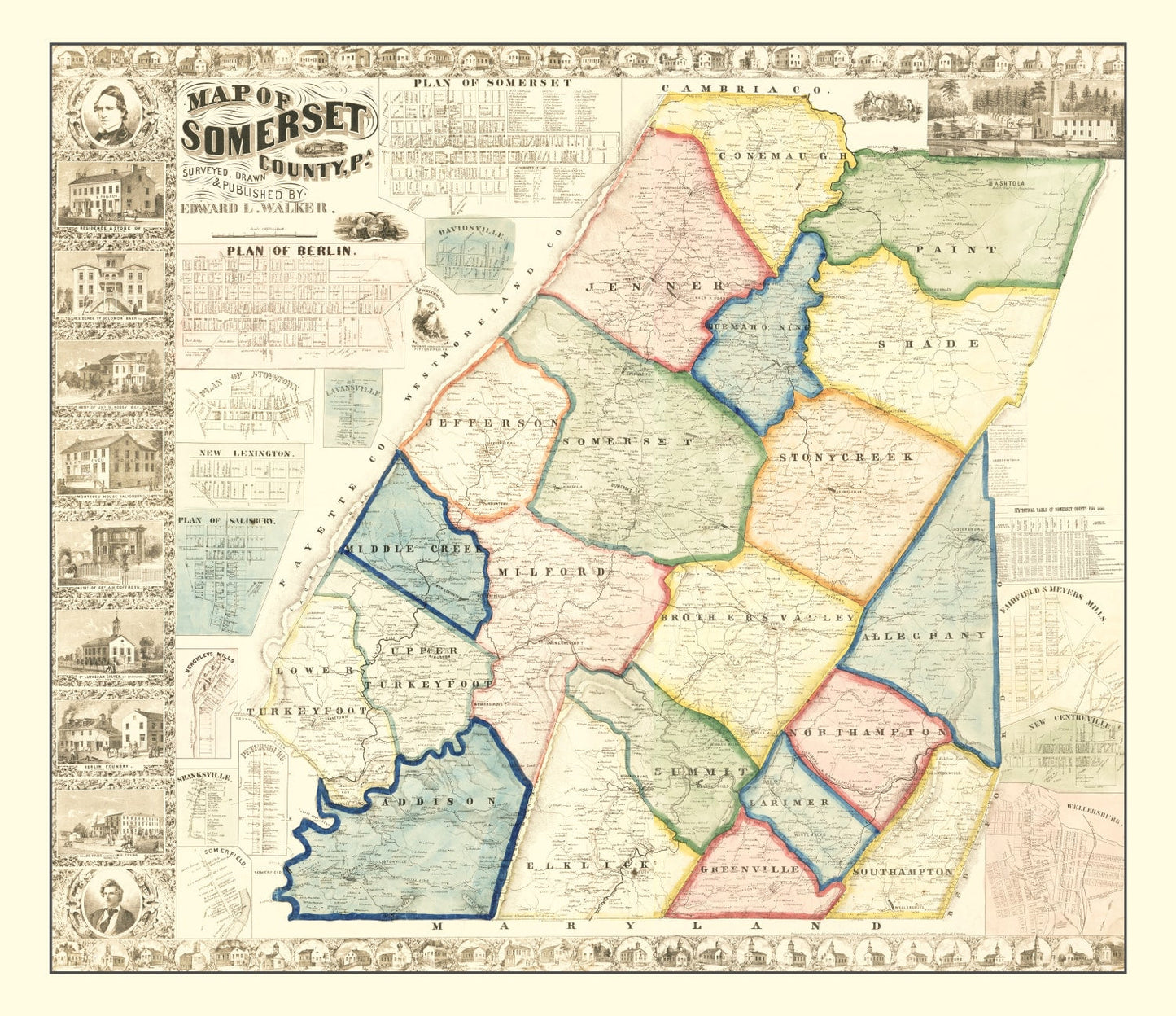 Vintage Map of Somerset County, Pennsylvania, 1860