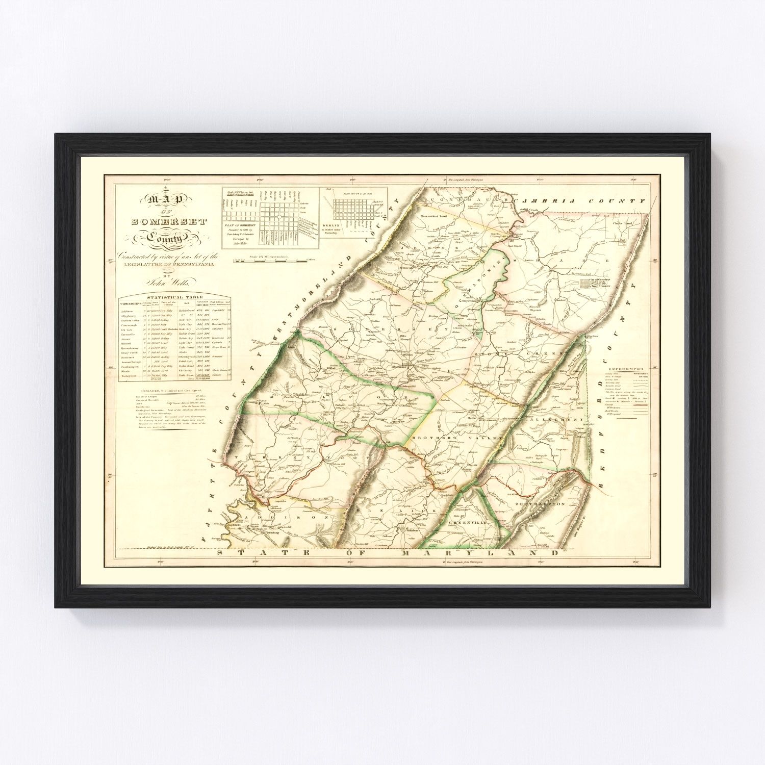 Vintage map of Somerset County, Pennsylvania, 1830