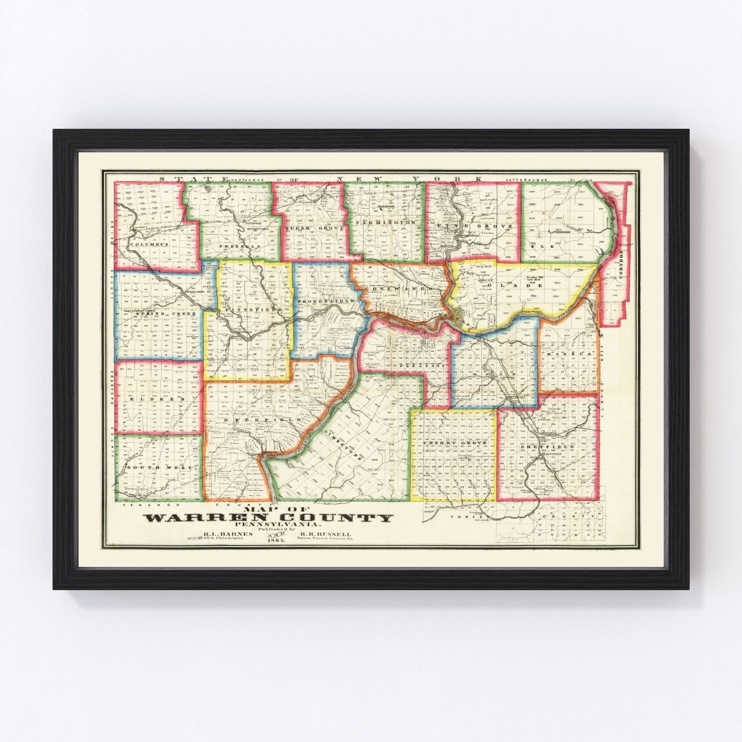 Vintage map of Warren County, Pennsylvania, 1865, digitally restored