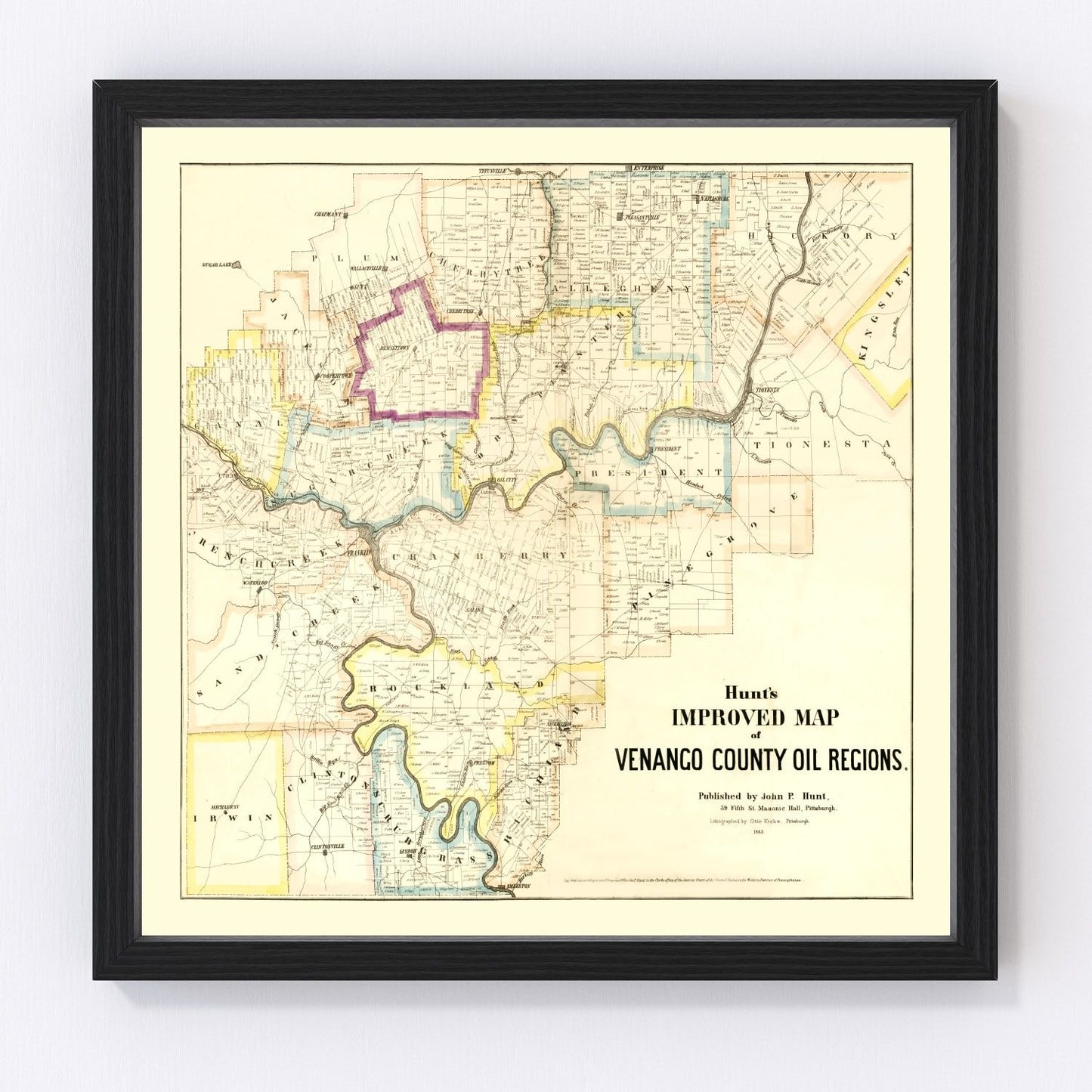 Vintage map of Venango County, Pennsylvania, 1865