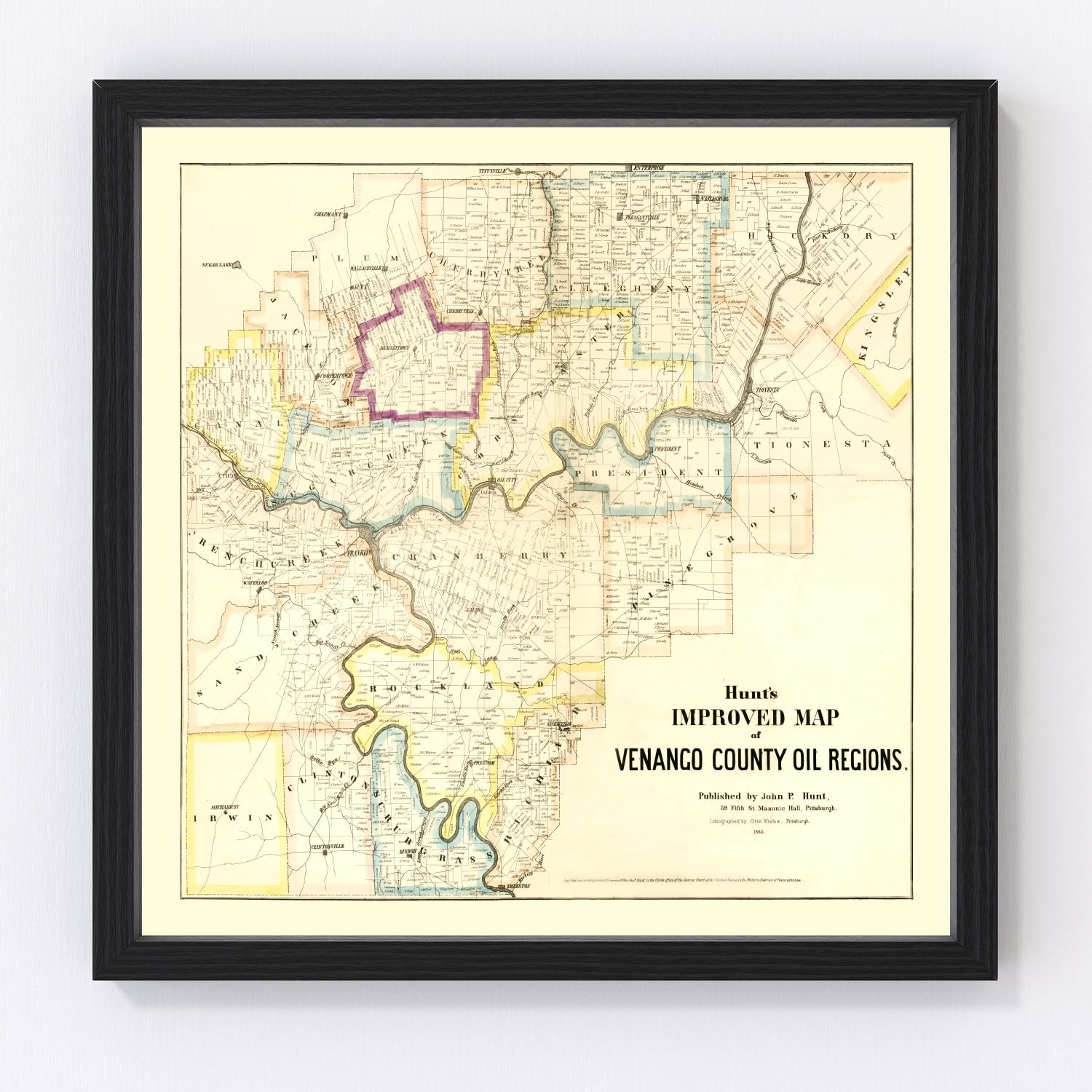 Vintage map of Venango County, Pennsylvania, 1865